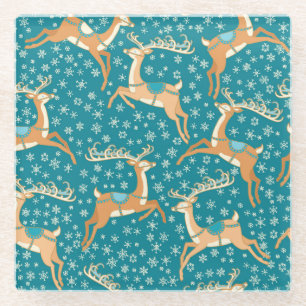 Christmas Reindeer: Vintage Seamless Pattern. Glass Coaster