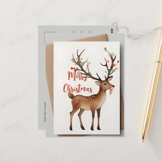 Christmas Reindeer Watercolor Postcard (Front/Back In Situ)