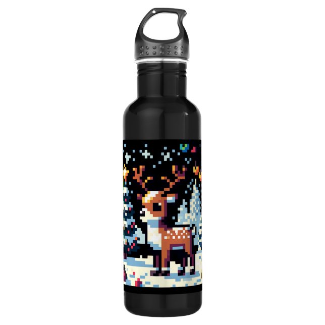 Christmas Reindeer Winter Wonderland Pixel Art 710 Ml Water Bottle (Front)