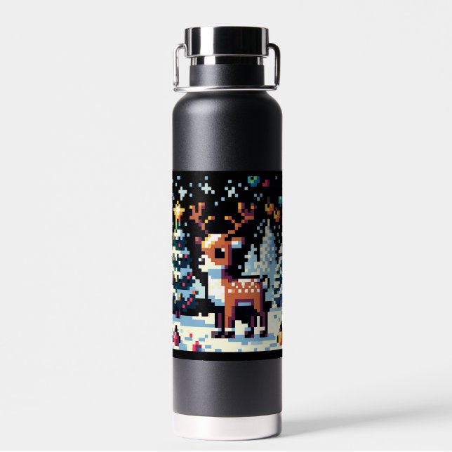 Christmas Reindeer Winter Wonderland Pixel Art Water Bottle (Back)