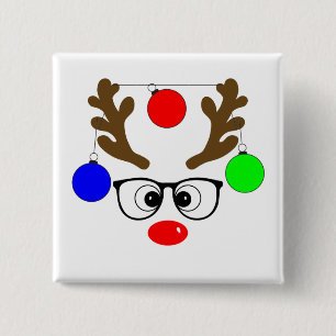 Christmas Reindeer with big glasses and ornaments 15 Cm Square Badge