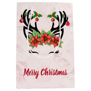 Christmas Reindeer With Floral Background Medium Gift Bag