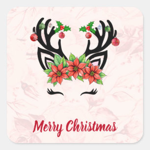 Christmas Reindeer With Floral Background Sticker
