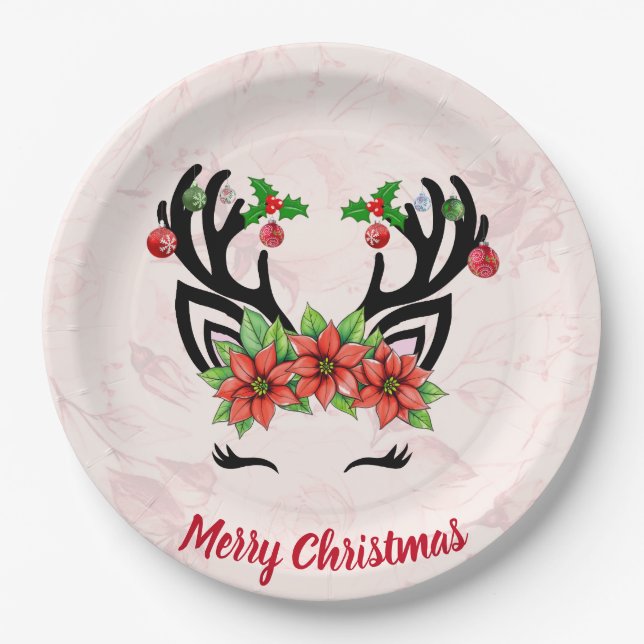 Christmas Reindeer With Floral Bckgrnd Paper Plate (Front)