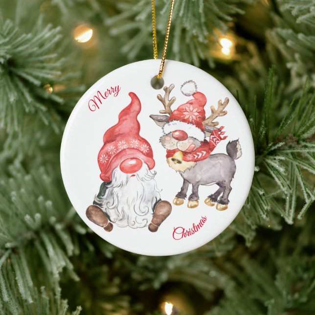 Christmas Reindeer With Gnome Ceramic Ornament (Tree)