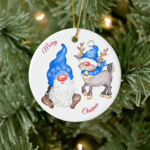 Christmas Reindeer With Gnome Ceramic Ornament