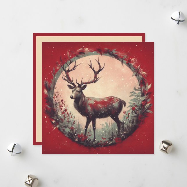 Christmas Reindeer with Holiday Wreath  Card (Front/Back In Situ)