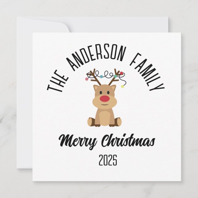Christmas Reindeer With Lights Personalised Name Holiday Card (Front)