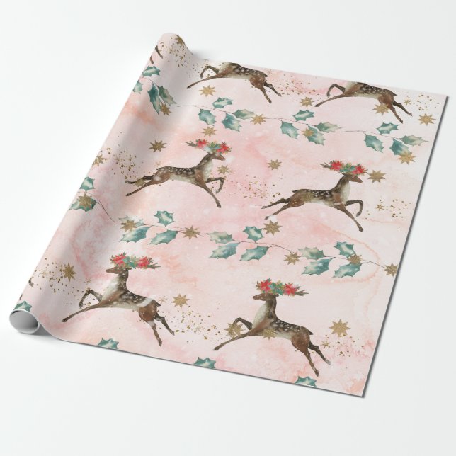 Christmas Reindeer Xmas Holiday Pattern Wrapping Paper (Unrolled)