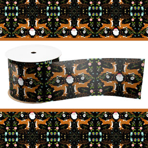 Christmas Reindeers Black Seamless Pattern Satin Ribbon