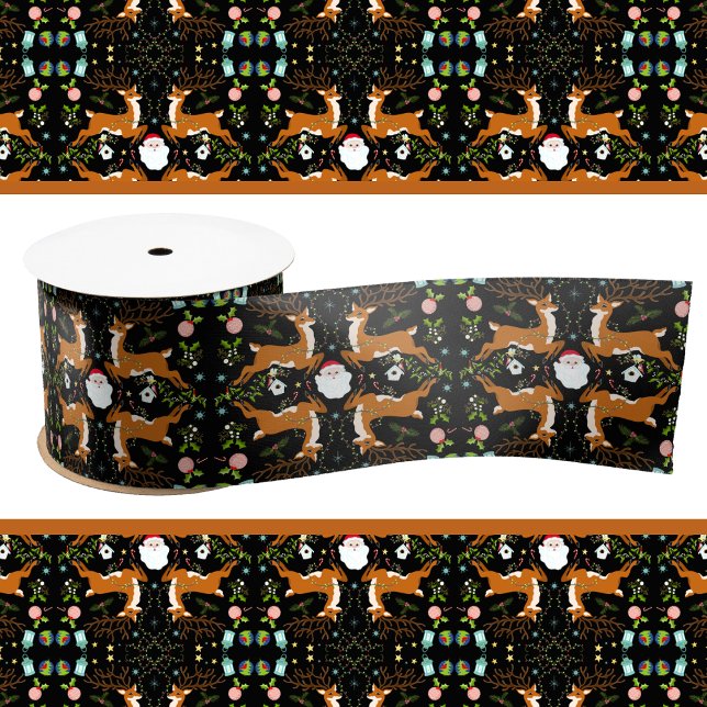 Christmas Reindeers Black Seamless Pattern Satin Ribbon (Creator Uploaded)