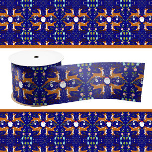 Christmas Reindeers Blue Seamless Pattern Satin Ribbon