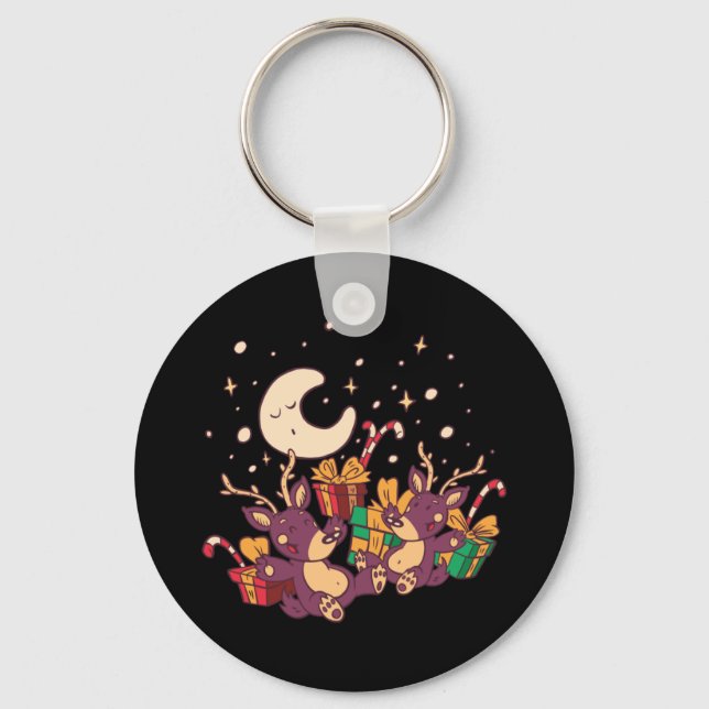 Christmas Reindeers Cartoon Design Key Ring (Front)
