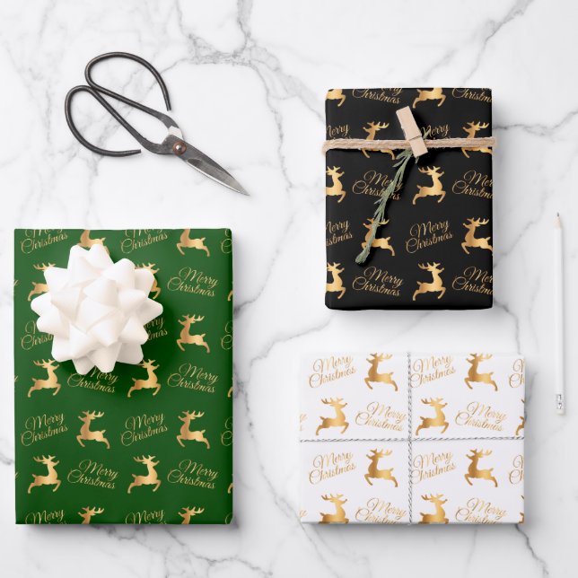 Christmas Reindeers on Green, Black and White Wrapping Paper Sheet (Front)
