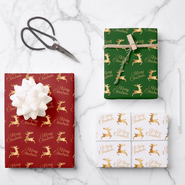 Christmas Reindeers on Red, Green and White Wrapping Paper Sheet (Front)
