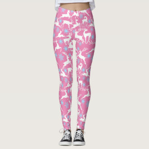 Christmas Reindeers Pattern, white 02 Pink BG Leggings