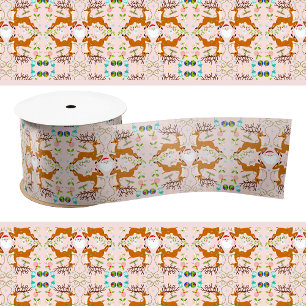 Christmas Reindeers Pink Seamless Pattern Satin Ribbon