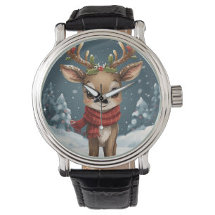 christmas reinder engraved modern leather elegant watch
