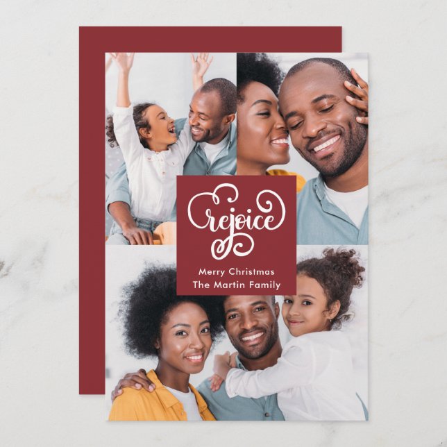 Christmas Rejoice Typography Red Photo Christmas Holiday Card (Front/Back)