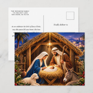 Christmas Religious Nativity Scene Blue Gold Holiday Postcard