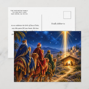 Christmas Religious Nativity Scene Blue Gold Holiday Postcard