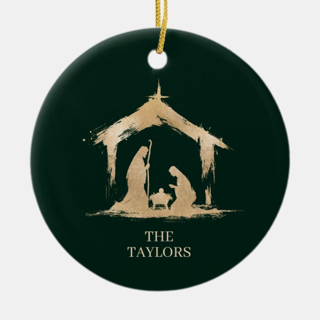 Christmas Religious Nativity Scene Family Photo Ceramic Ornament (Front)