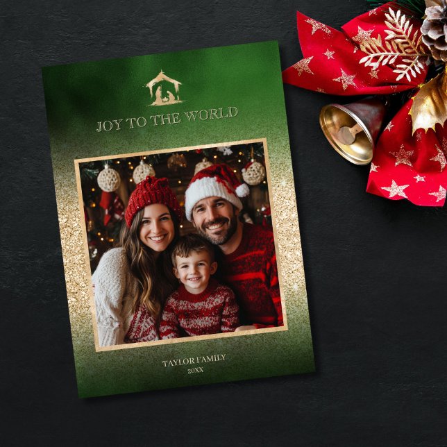 Christmas Religious Nativity Scene Family Photo  Holiday Card (religious family photo christmas card with green background and gold nativity scene)