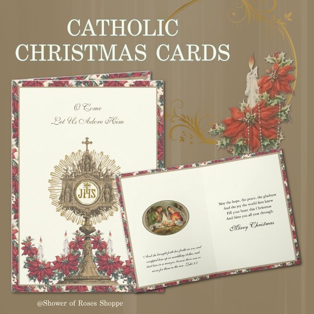 Christmas Religious Poinsettias Jesus Candles Holiday Card (Traditional Catholic Christmas Cards with Eucharist, Scripture, and Holy Rosary, Poinsettias)