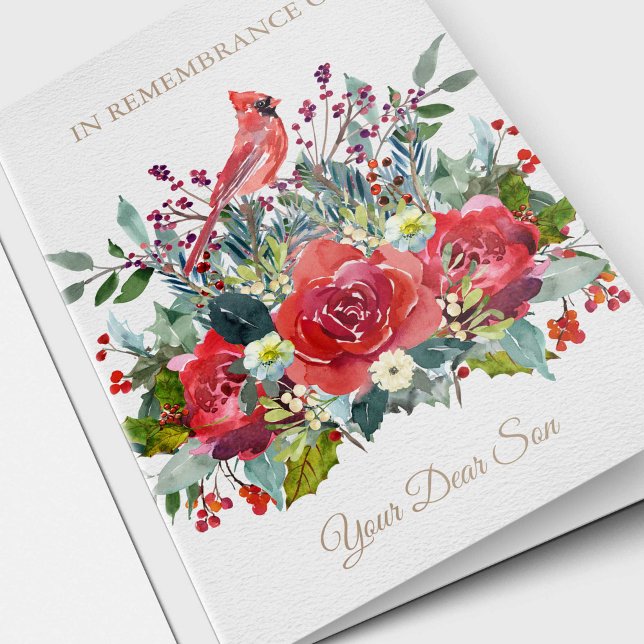 Christmas Remembrance Dear Son Sympathy Holiday Card (Christmas Watercolor Florals and Cardinal 'In Remembrance of Your Dear Son' Sympathy Card)