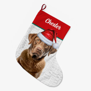 Christmas Retriever Dog with Name Woof Background Large Christmas Stocking