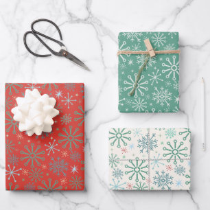 Christmas Retro 50s Snowflakes Pattern 3 Colours Wrapping Paper Sheet