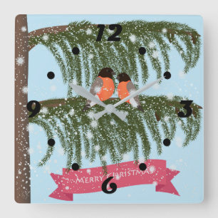Christmas , Retro , Bullfinches Square Wall Clock