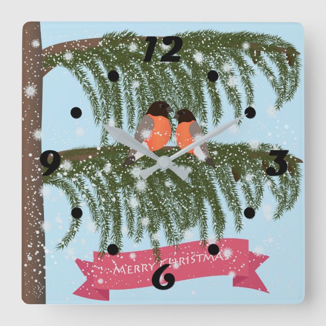 Christmas , Retro , Bullfinches Square Wall Clock (Front)