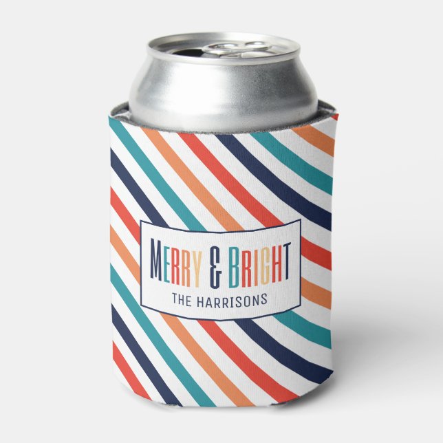 Christmas Retro Colourful Stripes Merry & Bright Can Cooler (Can Front)
