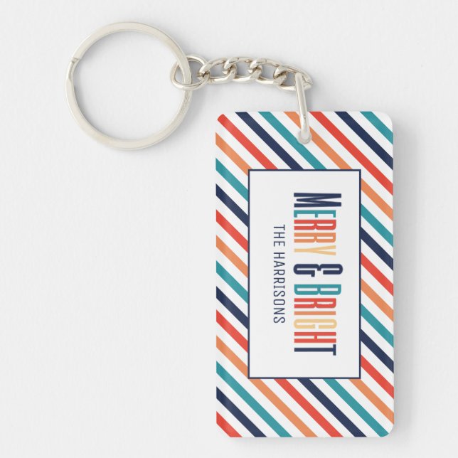 Christmas Retro Colourful Stripes Merry & Bright Key Ring (Front)