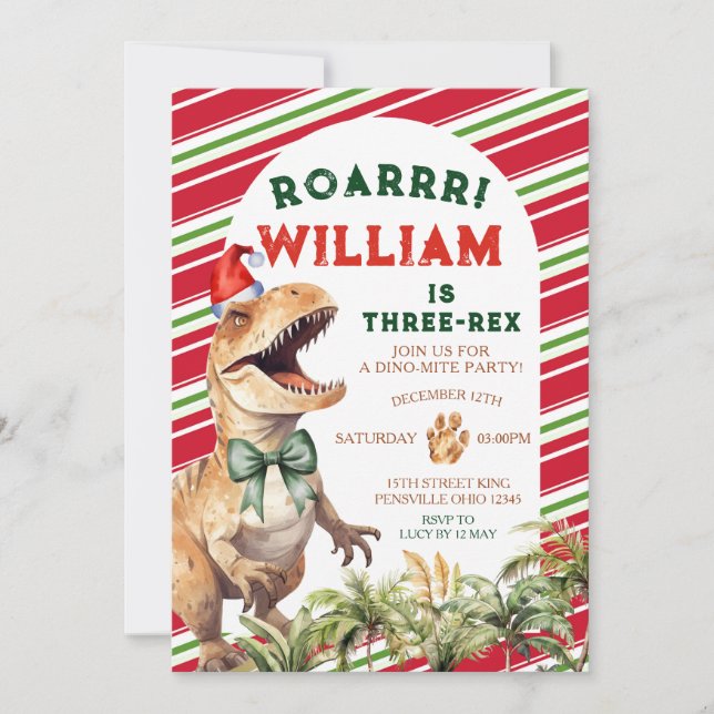 Christmas Retro Dinosaur Bow Watercolor Birthday Invitation (Front)