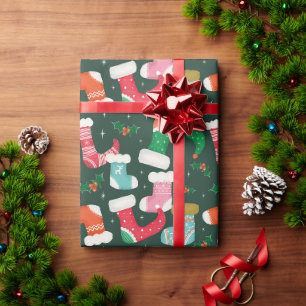 Christmas Retro Fun Stockings Green Wrapping Paper