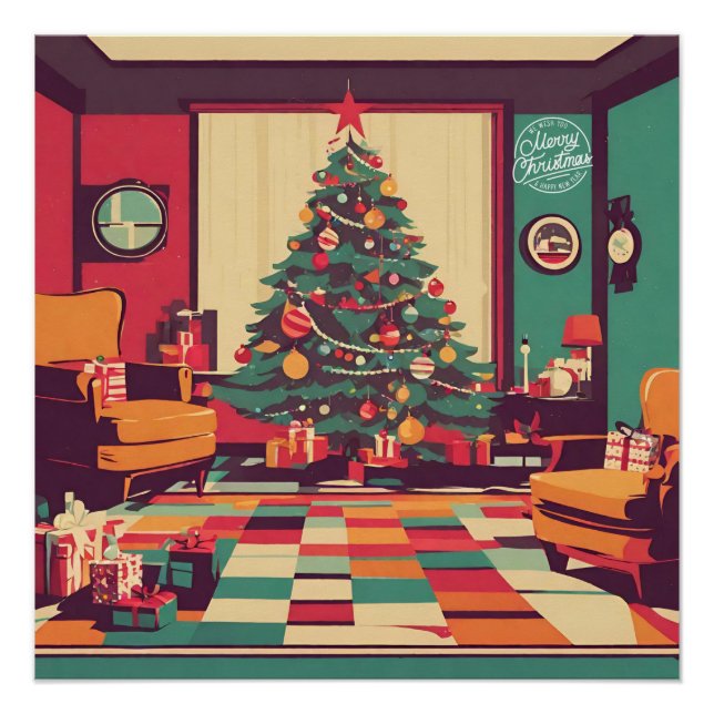 Christmas Retro Living Room with Christmas Tree  Poster (Front)