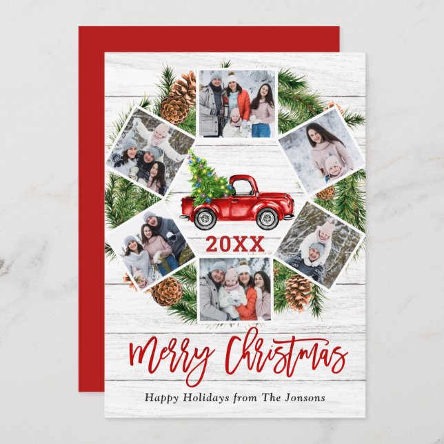 Christmas Retro Red Farm Truck Greeting 6 PHOTO Holiday Card (Front/Back)