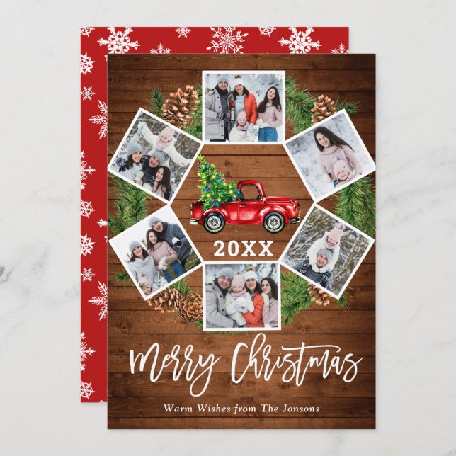 Christmas Retro Red Farm Truck Greeting 6 PHOTO Holiday Card (Front/Back)