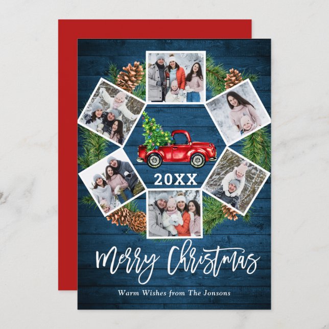 Christmas Retro Red Farm Truck Greeting 6 PHOTO Holiday Card (Front/Back)