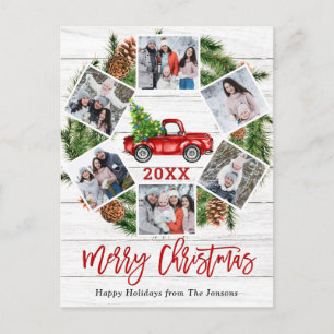 Christmas Retro Red Farm Truck Holiday 6 Photo Postcard