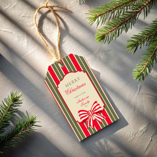 Christmas retro red green stripes with bow gift tags