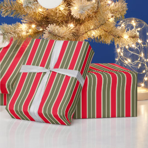 Christmas retro red sage green stripes elegant wrapping paper