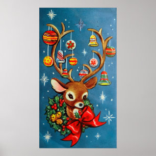 Christmas retro reindeer Holiday Vintage poster
