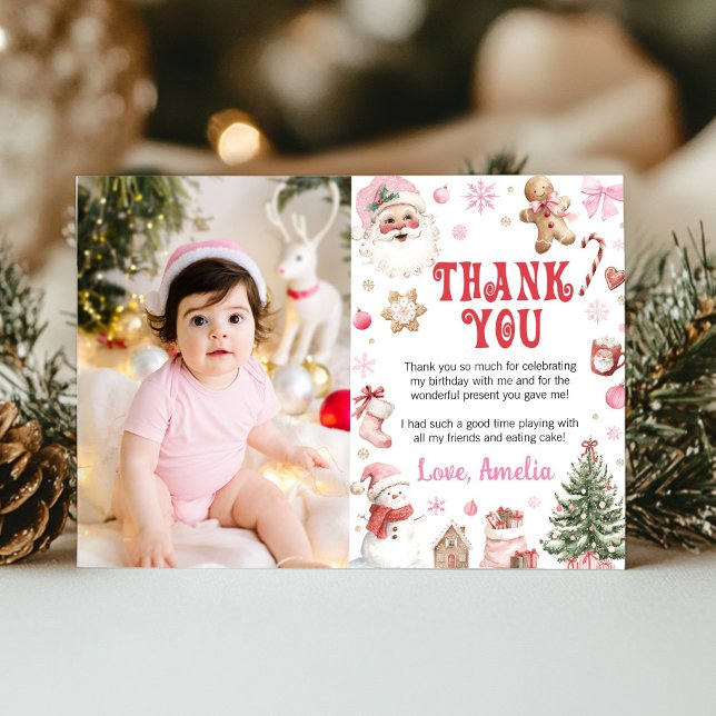 Christmas Retro Santa Winter Birthday Photo Thank You Card (Creator Uploaded)
