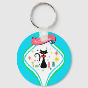 Christmas Retro Siamese Cat Personalise Name Key Ring