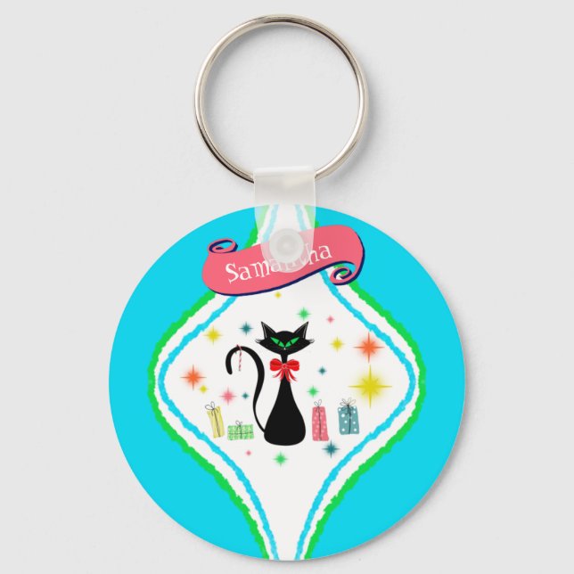 Christmas Retro Siamese Cat Personalise Name Key Ring (Front)