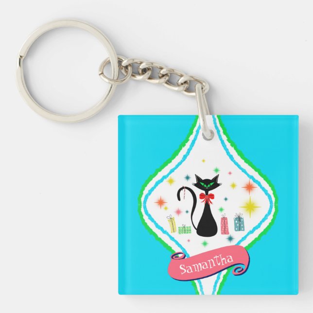 Christmas Retro Siamese Cat Personalise Name Keych Key Ring (Front)