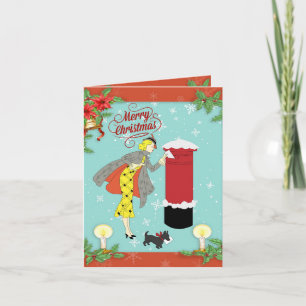 Christmas Retro Style Woman and Dog Holiday Card